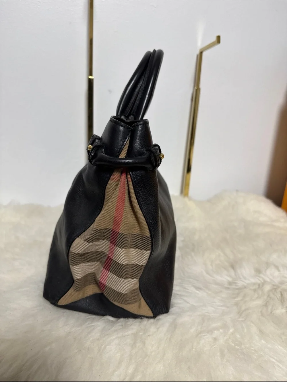 Burberry Black Leather Tote with Haymarket Check Sides